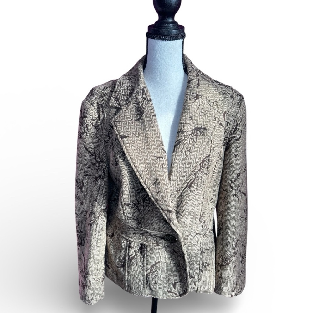 Coldwater Creek Blazer Jacket Petite 12 P12 Taupe Herringbone Floral Print Lined